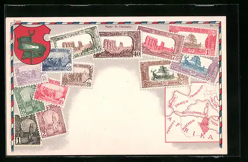 AK Tunesische Briefmarken mit Wappen und Landkarte