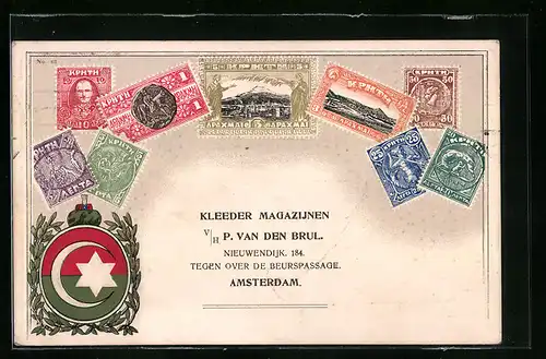 Präge-AK Briefmarken mit Wappen von Kreta unter türkischer Besatzung