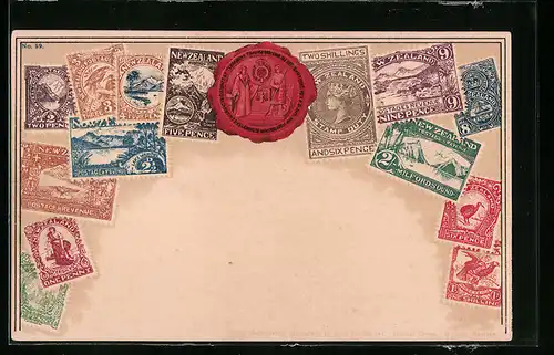 AK Briefmarken mit Wappen von Neuseeland