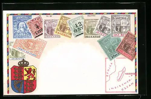 AK Briefmarken, Landkarte und Wappen von Mauritius