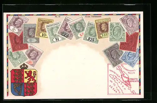 AK Briefmarken mit Wappen der britischen Kronkolonien in Südostasien, Straits Settlements
