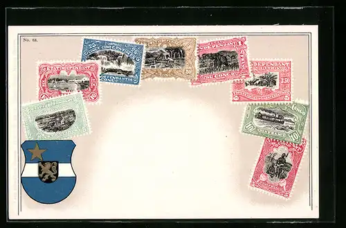 AK Briefmarken und Wappen der zentralafrikanischen Republik Kongo