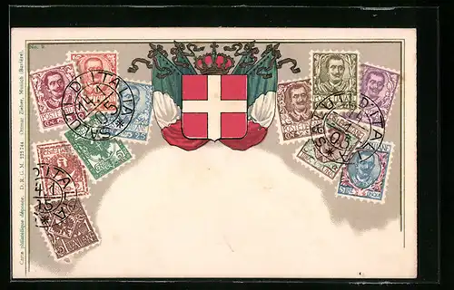 Präge-AK Briefmarken und Wappen des Italienischen Königshauses