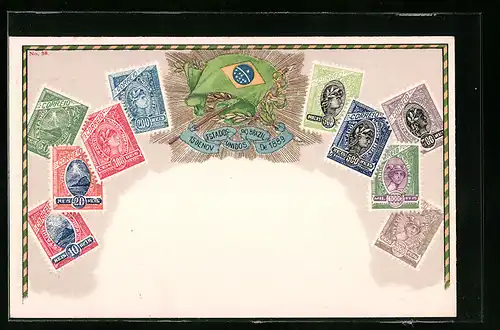 Künstler-AK Briefmarken und Wappen von Brasilien