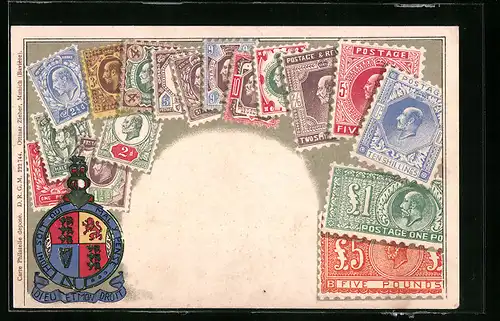 Präge-AK Briefmarken und Wappen des vereinten Königreichs