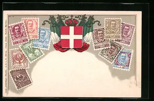 Präge-AK Briefmarken und Wappen des Italienischen Königreichs