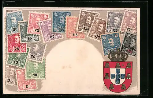 Präge-AK Portugische Briefmarken und Wappen