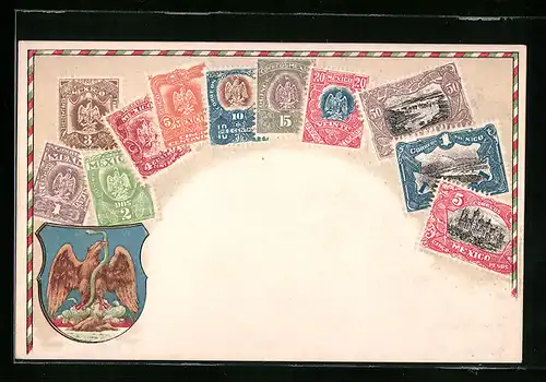Präge-AK Mexikanische Briefmarken und Wappen