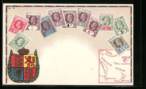 AK Briefmarken und Wappen der Fiji-Inseln mit Landkarte