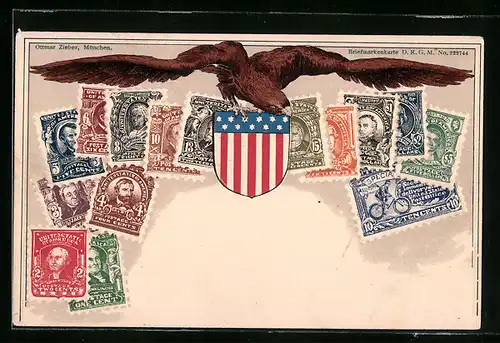 Präge-AK Briefmarken und Wappen der Vereinten Staaten von Amerika