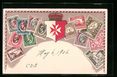 Präge-AK Briefmarken und Wappen von Malta