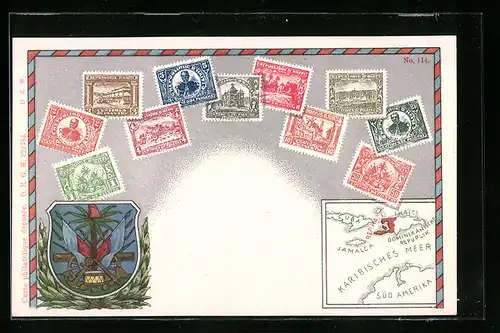 AK Briefmarken aus Haiti mit Landkarte