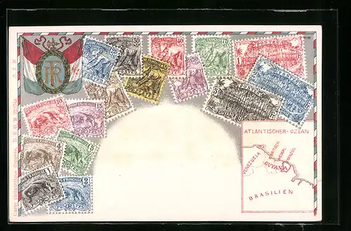 AK Briefmarken aus Franz. Guyana mit Landkarte