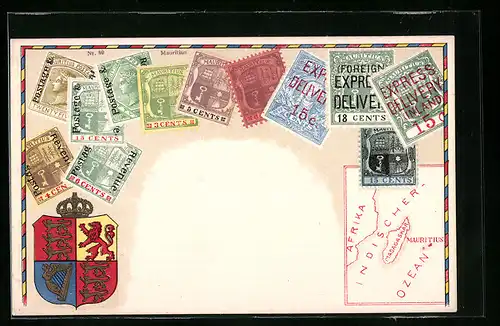 AK Briefmarken aus Mauritius mit Landkarte