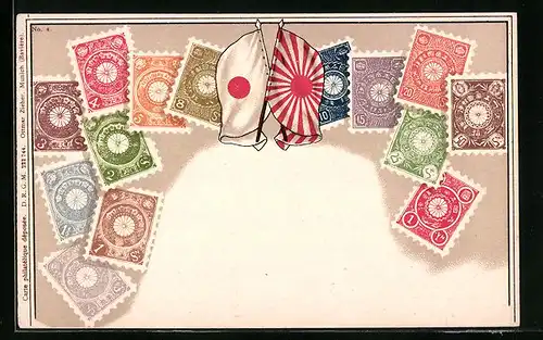 AK Briefmarken aus Japan mit Fahnen