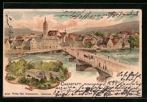 Lithographie Cannstatt, Wilhelmsbrücke, Totalansicht