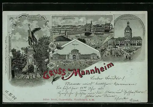 Lithographie Mannheim, Bahnhof, Krieger Denkmal, Neckarbrücke, Paradeplatz mit Kaufhaus