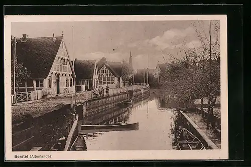 AK Borstel /Altenlande, Wohnhäuser am Wasser mit Ruderbooten