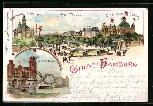Lithographie Hamburg-St.Pauli, Concerthaus Hornhardt und Concerthaus Ludwig