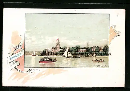 Lithographie Hamburg-Uhlenhorst, Schiffe auf dem Fluss