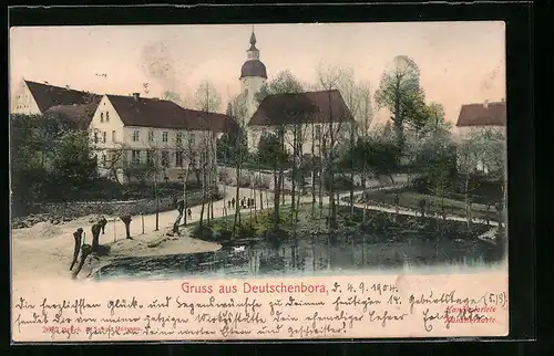 AK Deutschenbora, Schwanenteich mit Blick auf die Kirche