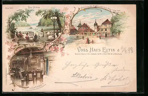 Lithographie Eutin, Voss-Brücke und Wohnhaus des Dichters Joh. Heinr. Voss