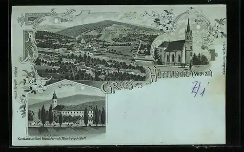 Mondschein-Lithographie Wien, Hütteldorf mit Kirche und Mariabrunn