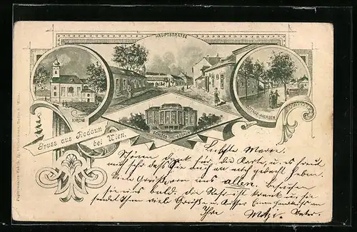 Lithographie Wien, Hauptstrasse, Kirche und Schloss Rodaun