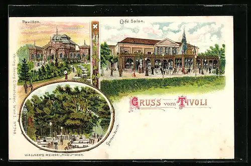 Lithographie Wien, Tivoli mit Café Salon und Pavillon