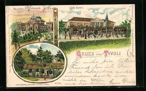 Lithographie Wien, Tivoli mit Pavillon, Café Salon und Villa