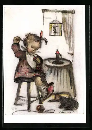 Künstler-AK Hummel: Mädchen mit Schleife im Haar beim Socken stopfen