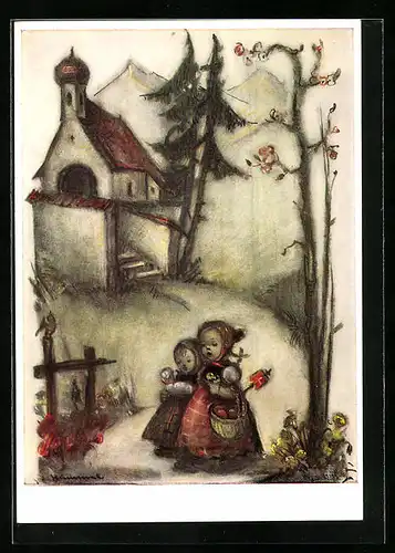 Künstler-AK Hummel: Kleine Mädchen mit Osterkorb vor einer Kapelle