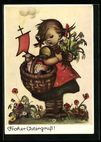 Künstler-AK Hummel: Kleines Mädchen mit Osterlamm im Körbchen