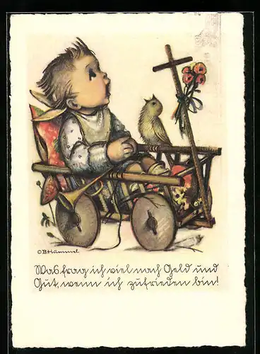 Künstler-AK Hummel: Niedlicher Junge im Bollerwagen mit kleinem Vogel