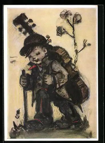 Künstler-AK Hummel: Kleiner Musikant auf der Wanderung