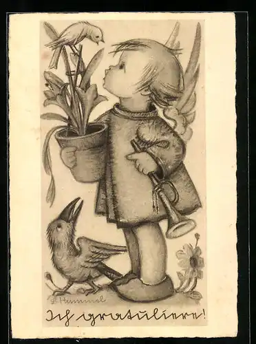 Künstler-AK Hummel: Kleines Kind mit Trompete und Blumentopf