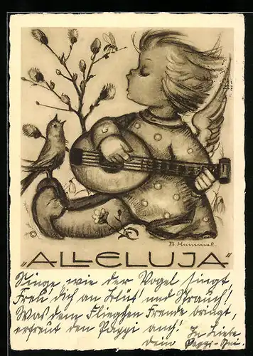 Künstler-AK Hummel: Singendes Mädchen mit Mandoline und kleinem Vogel