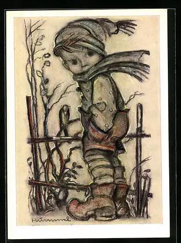 Künstler-AK Hummel: Niedlicher Junge mit Mütze und Schal in winterlicher Kälte