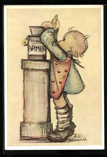 Künstler-AK Hummel: Kleines Kind mit Latz beim Naschen aus dem Marmeladenglas