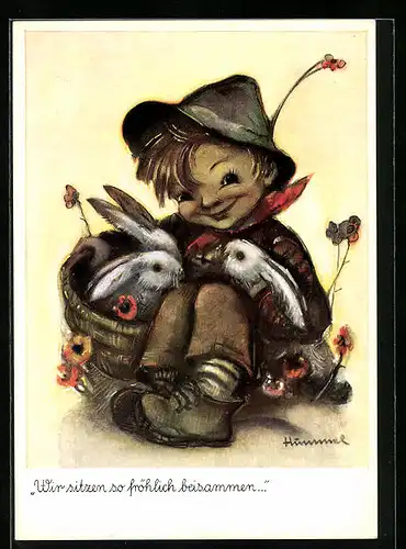 Künstler-AK Hummel: Niedlicher Junge beim Kuscheln mit Kaninchen