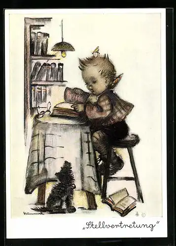 Künstler-AK Hummel: Kleines Kind beim Lesen mit niedlichem Hund