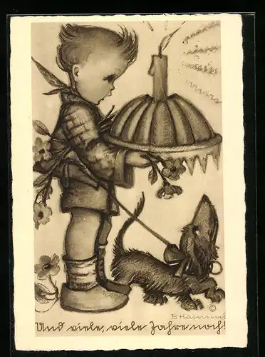 Künstler-AK Hummel: Niedlicher kleiner Junge mit Geburtstagskuchen mit brennender Kerze und Dackel