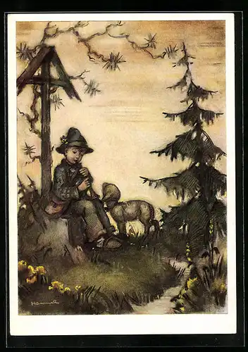 Künstler-AK Hummel: Flöte spielender Junge mit Lämmchen im Wald