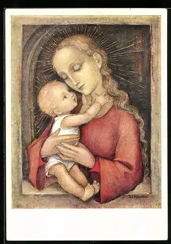 Künstler-AK Hummel: Mutter Maria mit Heiligeschein und Jesukind auf dem Arm