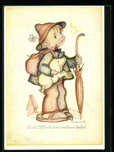 Künstler-AK Hummel: Kleiner Junge mit Schweinchen unter dem Arm und Regenschirm