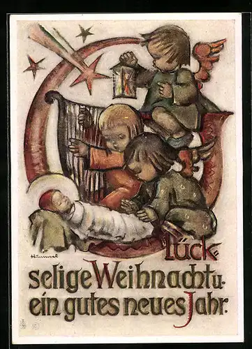 Künstler-AK Hummel: Drei Engel mit Laterne und Harfe beim schlafenden Jesuskind