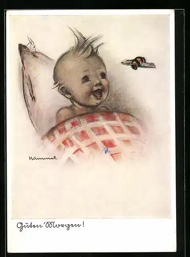 Künstler-AK Hummel: Kleines Kind lachend im Bett liegend