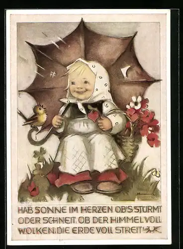 Künstler-AK Hummel: Kleines strahlendes Mädchen mit Regenschirm und Blumenkorb