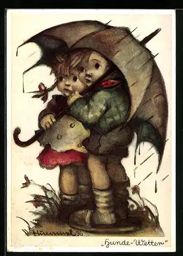 Künstler-AK Hummel: Junge und Mädchen unter grossem Regenschirm bei Hundewetter