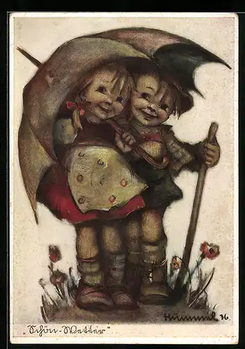 Künstler-AK Hummel: Lachende Kinder beim Wandern mit Schirm und Stock